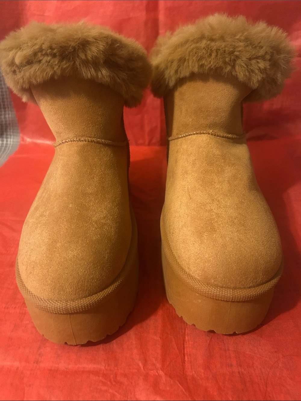 Women's Tan Suede Platform Faux-Fur Ankle Boots